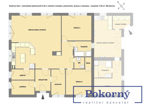 Rodinný dům + samostatný byt/kancelář 2+kk s vlastním vchodem, parkováním, terasou a zahradou – pozemek 1123 m², Mirošovice